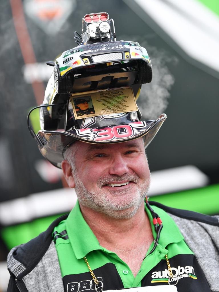 Spectator Darren Nayda from Gawler with his homemade racing cap. Picture: AAP Image/David Mariuz