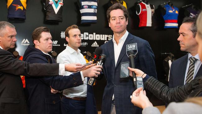 AFL boss Gillon McLachlan speaks about Jesse Hogan today. Picture: Mark Stewart