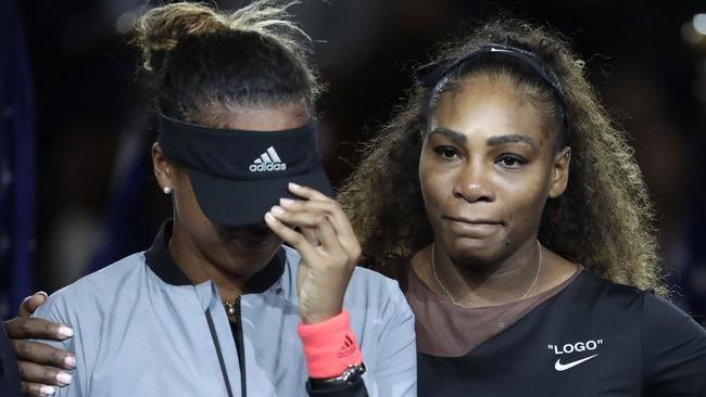 Naomi Osaka reacts after the booing during the trophy ceremony. Picture: AP Photo