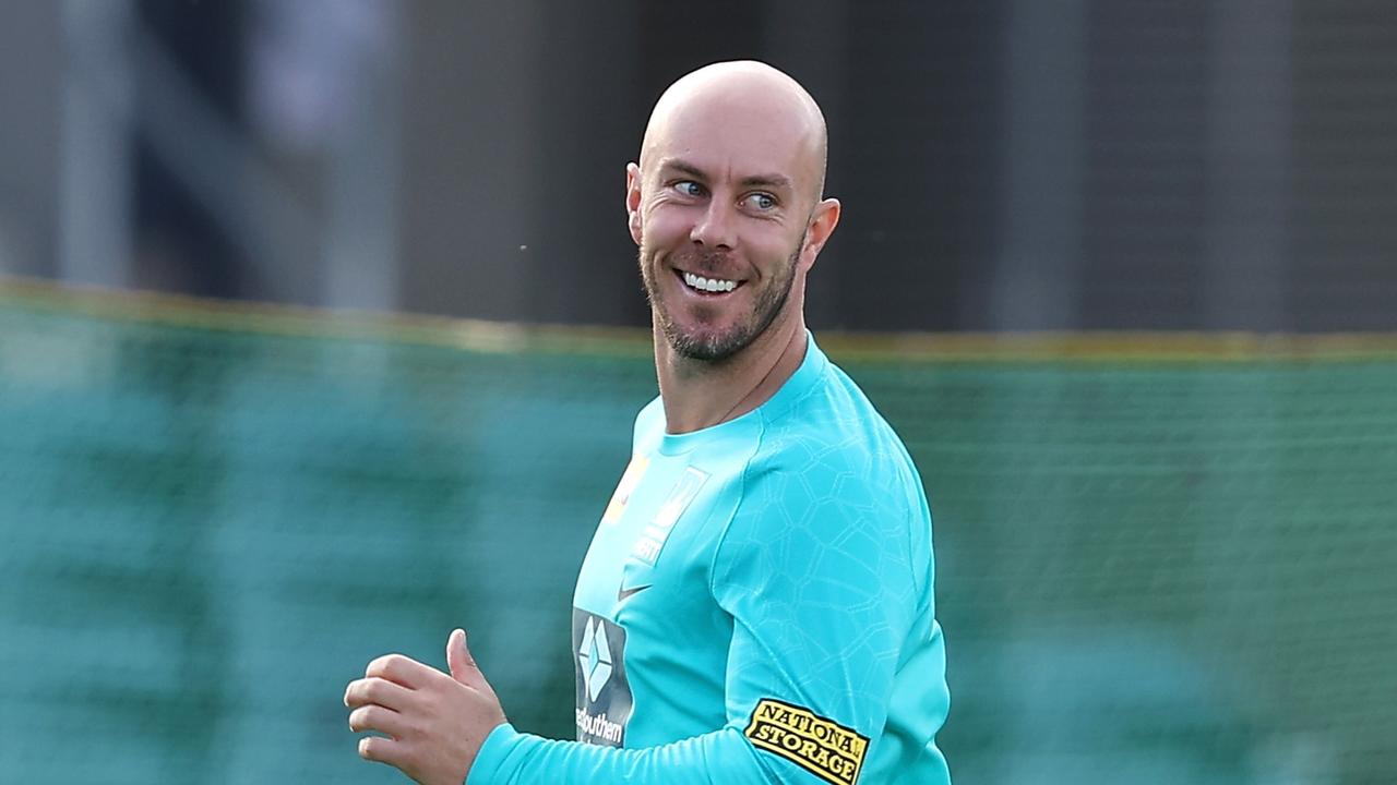 CANBERRA, AUSTRALIA - DECEMBER 06: Chris Lynn of the Heat runs during the warm-up before the Men's Big Bash League match between the Sydney Thunder and the Brisbane Heat at Manuka Oval, on December 06, 2021, in Canberra, Australia. (Photo by Mark Kolbe/Getty Images)