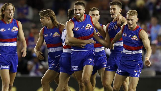 MELBOURNE, AUSTRALIA - APRIL 17: Marcus Bontempelli of the Bulldogs celebrates a goal  during the round five AFL match between the Western Bulldogs and the Gold Coast Suns at Marvel Stadium on April 17, 2021 in Melbourne, Australia. (Photo by Darrian Traynor/AFL Photos/via Getty Images)