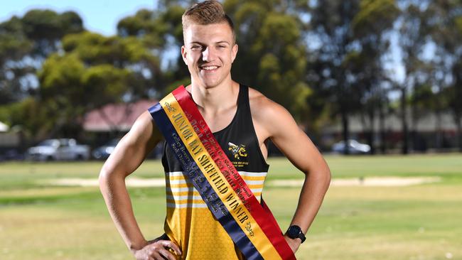 Kian Bird poses at the training track at Henley Beach Football Club after he won the junior Bay Sheffield in Decmeber 2017. Picture: AAP/Mark Brake.