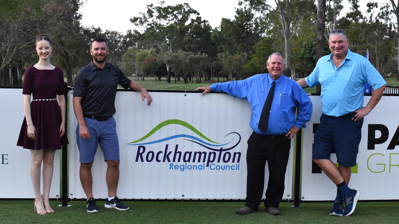 Alicia Kyriazis, who sang the national anthem at the official opening of the US Kids Golf Australian Open, with Rockhampton Golf Club general manager Jarrod Miles, Rockhampton Regional Council deputy mayor Neil Fisher and RGC president Steve Condon.