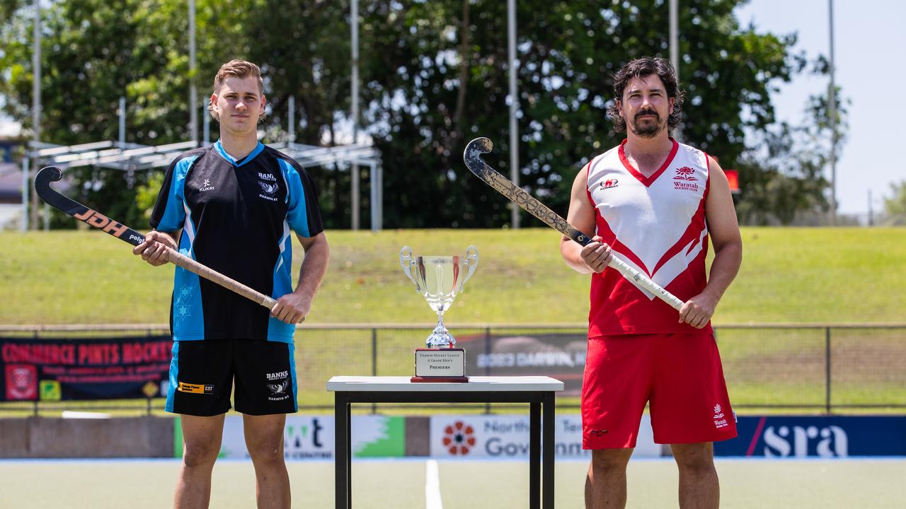 Banks captain Ayden Parkin and Waratah captain Ben Tilbrook ahead of the 2023 Darwin Hockey League grand finals. Picture: Pema Tamang Pakhrin