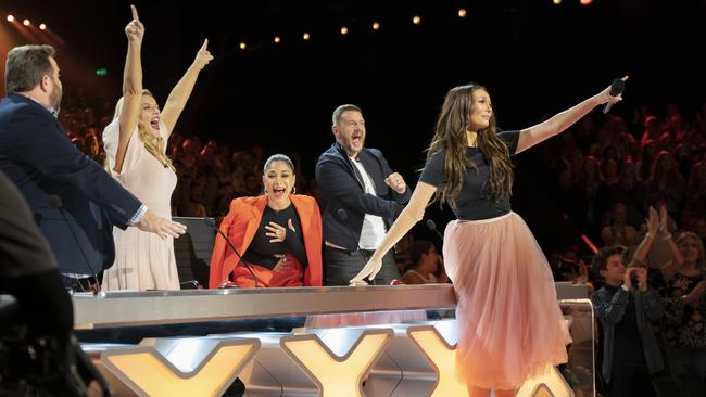 Australia’s Got Talent judges Shane Jacobson, Lucy Durack, Nicole Scherzinger and Manu Feildel with host Ricki-Lee Coulter. Picture: Channel 7