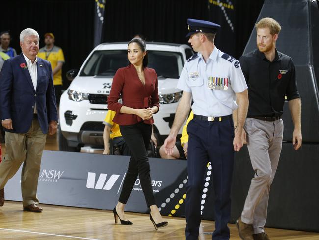 Prince Harry, Duke and Meghan, Duchess of Sussex pictured at the Invictus Games Wheelchair Basketball gold medal game at the Quaycentre arena at Sydney Olympic Park in Homebush, Sydney. Picture: Richard Dobson