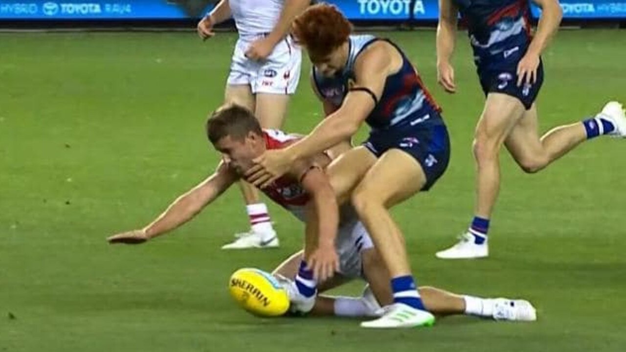 One of the main sliding rule controversies from Round 1 - Bulldogs defender Ed Richards received a free kick against Sydney in this incident.