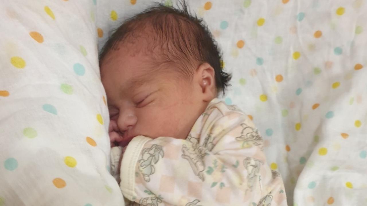 Hayley Gajda, born in Eungella on January 17, 2023, let out her first cry at 9.44am and came in at 3kg. Picture: Dean Gajda