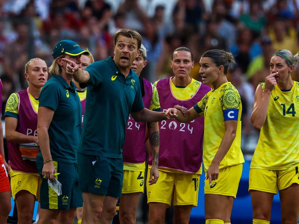 Australia coach Tony Gustavsson appeals for a review after his team conceded a goal during the crucial clash with the USA. Picture: AFP