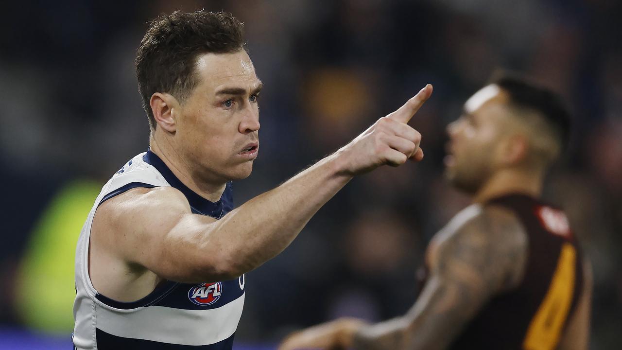 NCA . MELBOURNE, AUSTRALIAÃ July 6 , 2024.  AFL  Round 17. Geelong vs Hawthorn at GMHBA Stadium, Geelong.   Jeremy Cameron of the Cats celebrates a 3rd quarter goal     . Pic: Michael Klein