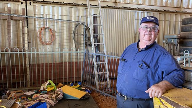 Darwin businessman Ken Martin in front of the playpen set up at his industrial worksite. Picture: Matt Cunningham/Sky News