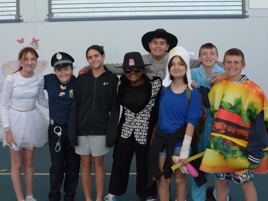 Sacred Heart Primary School year six students dress up for their last book week (back from left): Alexander Alston, and Justin Nelson, (front from left): Taya Shires-Curtis, Layla Webb, Melia Duncan, Benedict Mirimo, Amber de Chastel, and Ned Cronk. Picture: Isabella Pesch