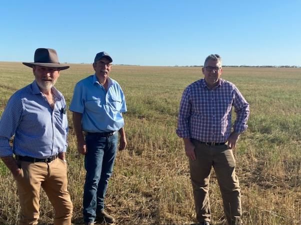 Member for Grey Rowan Ramsey, Napandee owner Jeff Baldock and Resources Minister Keith Pitt at Napandee.