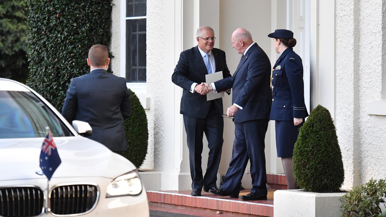 Prime Minister Scott Morrison leaves Government House after meeting with former governor-general Peter Cosgrove to dissolve parliament and head to a federal election in 2019. Picture: AAP Image