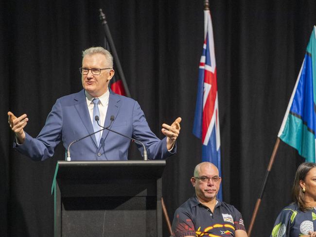 SYDNEY, AUSTRALIA. NewsWire Photos. FEBRUARY 21, 2025. Federal Minister Tony Burke at the citizenship ceremony at Sydney Olympic Park. Picture: NewsWire / Jeremy Piper