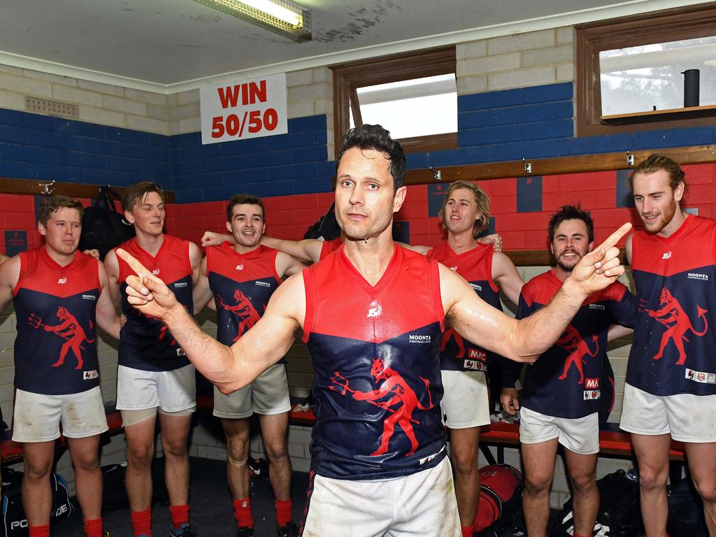 03/08/19 - Gavin Wanganeen makes a comeback to footy playing for Moonta against Wallaroo at Moonta Oval.  Pictured singing the song after the team's big win.Picture: Tom Huntley