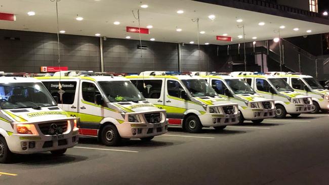 Ambulances lined up at the Gold Coast University Hospital.