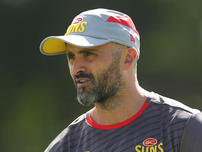 GOLD COAST, AUSTRALIA - JANUARY 22: Assistant coach Rhyce Shaw looks on during a Gold Coast Suns AFL training session at Metricon Stadium Ovals on January 22, 2021 in Gold Coast, Australia. (Photo by Chris Hyde/Getty Images)