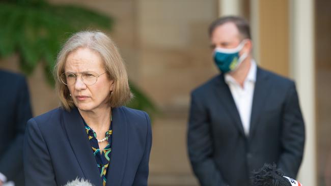 Chief health officer Dr Jeannette Young and Deputy Premier Steven Miles. Picture: Brad Fleet