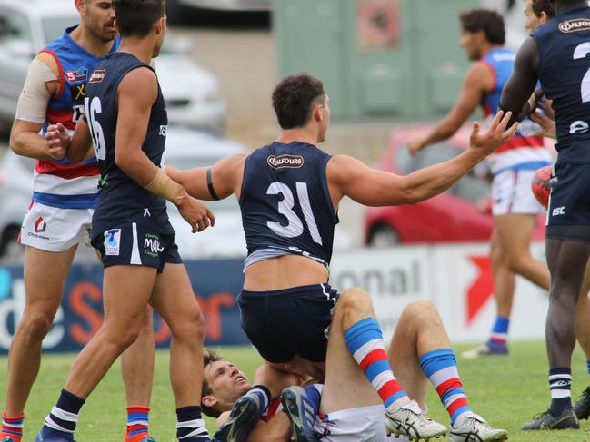 ADV Sport  SANFL: South Adelaide v Central District at Noarlunga Oval, Liam Fitt appeals . 30/03/2019             AAP Image/Russell Millard) NO ARCHIVING