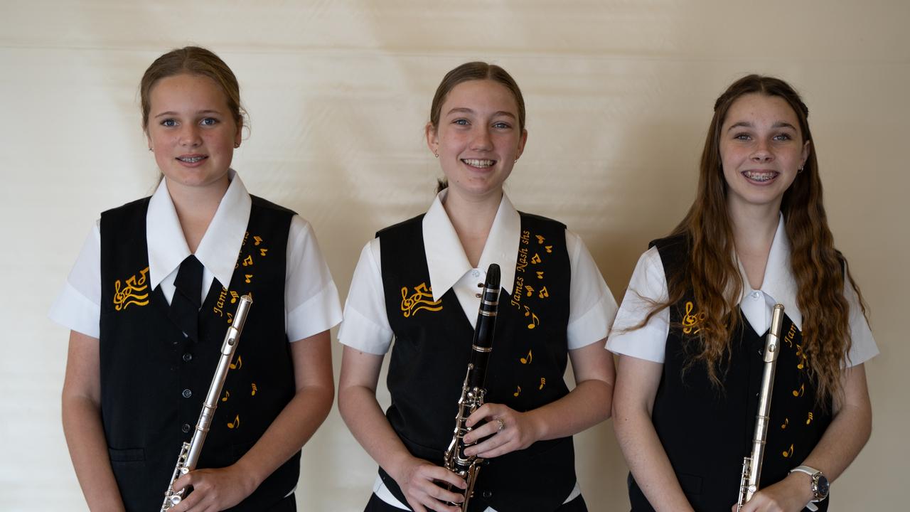 Abigail Morrison, Rae-leigh Weber, Rani Chandler Marchella Kendall and Florence Penny from the James Nash State High School Concert Band at the Gympie Eisteddfod. July 31, 2023. Picture: Christine Schindler