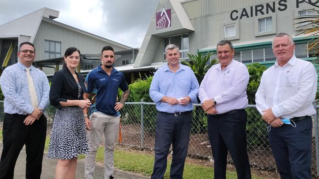 Youth Justice Department Deputy Director-General Phillip Brooks, Youth Justice Minister Leanne Linard, Youth Justice co-responder Joel Karwan, Police Minister Mark Ryan, Queensland Police Union Far North executive member Gil Dyett and Cairns MP Michael Healy visited Cairns PCYC last month in the wake of a teen's stolen car death. Picture: Chris Calcino