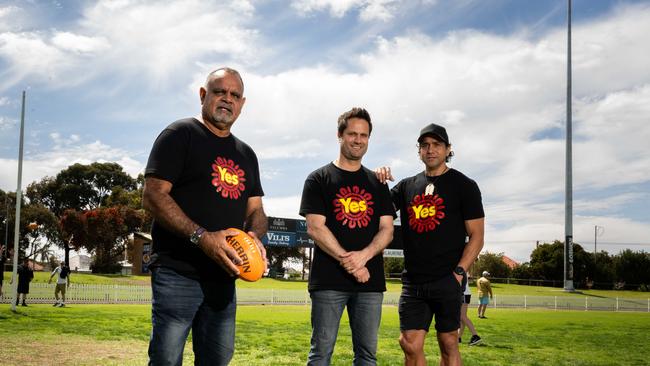 AFL Legends Michael Long, Gavin Wanganeen and Andrew McLeod at a doorstep in support of an Indigenous Voice to Parliament at Thiem Kia Oval, Woodville/ Kaurna Yarta on Saturday, October 7, 2023. Picture: The Advertiser/ Morgan Sette