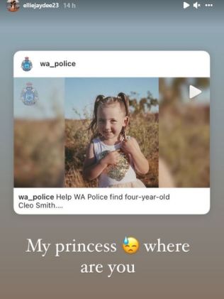 Cleo’s mother Ellie Smith posted another gut-wrenching Instagram story about her missing daughter. Picture: Instagram