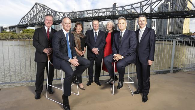 The Star Entertainment Group chairman John O’Neill, News Corp Australasia executive chairman Michael Miller, Spicers Retreats founder Jude Turner, Australian Olympic Committee president John Coates, Tourism and Events Queensland chief executive Leanne Coddington, demographer Bernard Salt and Queensland Tourism Industry Council chief executive Daniel Gshwind. Picture: Mark Cranitch