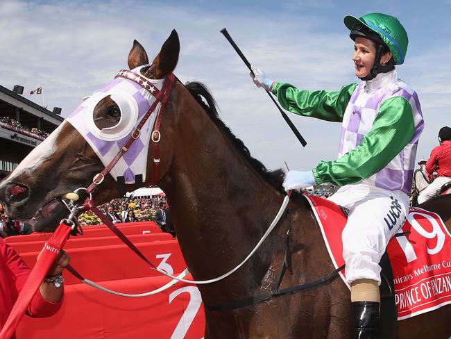 MELBOURNE, AUSTRALIA - NOVEMBER 03: Michelle Payne riding Prince Of Penzance returns to scale after winning race 7 the Emirates Melbourne Cup on Melbourne Cup Day at Flemington Racecourse on November 3, 2015 in Melbourne, Australia. (Photo by Michael Dodge/Getty Images)