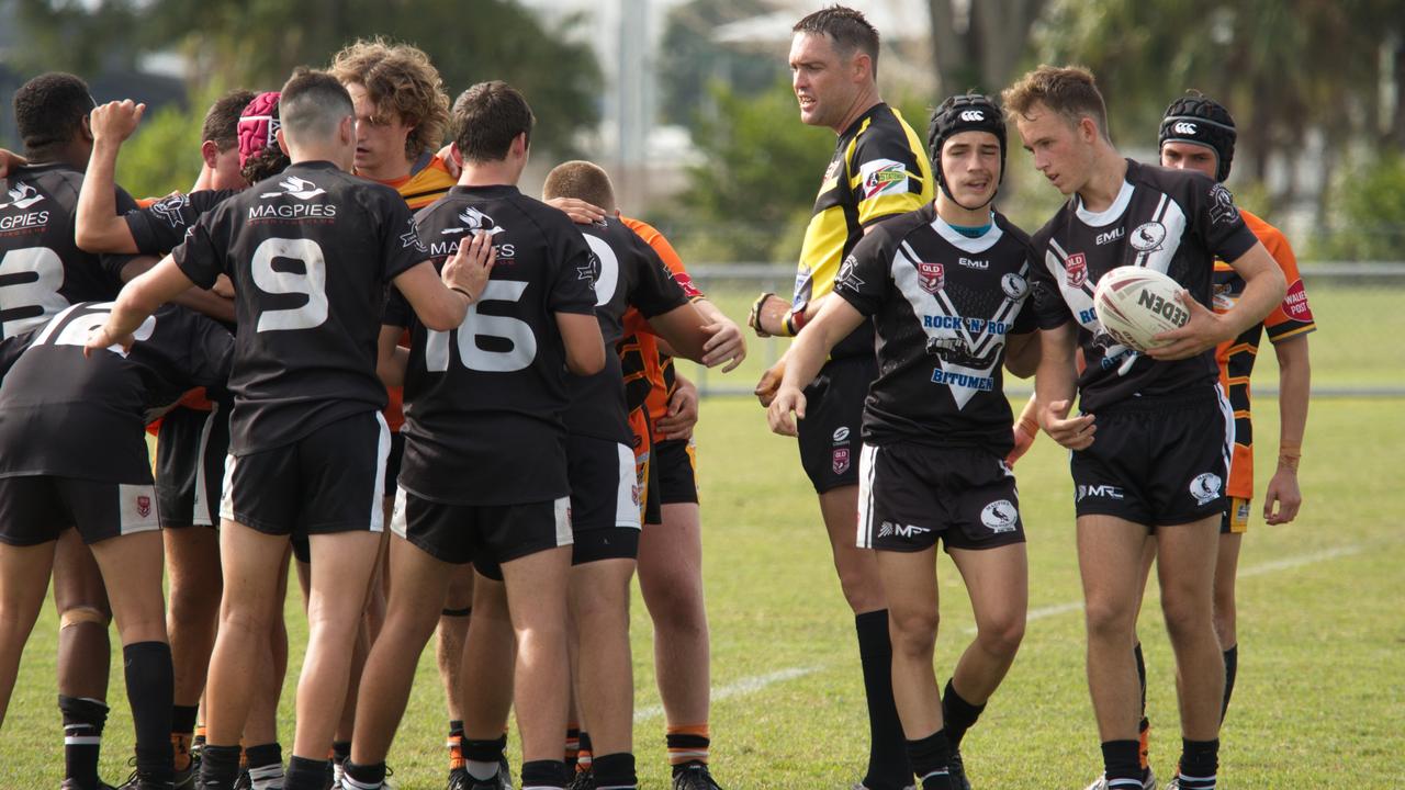 Magpies huddle in the Magpies and Wests clash in the RLMD U17s semi final, August 21, 2021. Picture: Marty Strecker
