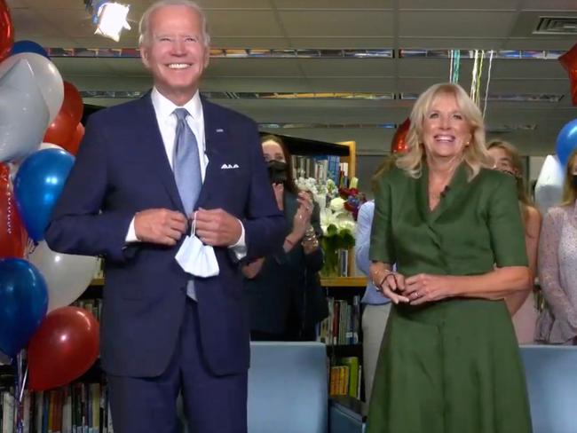 Joe Biden reacting to his formal nomination for president, with his wife Jill Biden. Picture: AFP