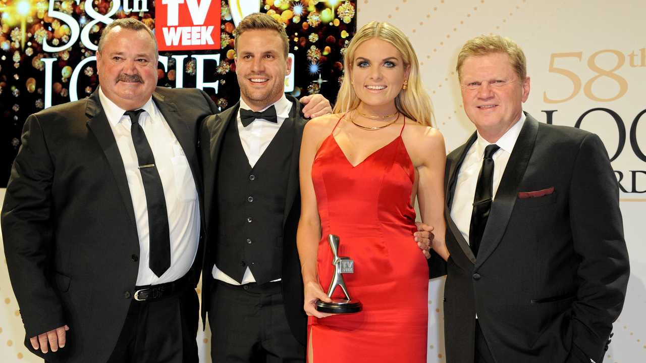 BETTER TIMES: The NRL Footy Show hosts (left) to right Darryl Brohman, Beau Ryan, Erin Molan and Paul Vautin win the Best Sports Program award during the 2016 Logie Awards. Picture: JOE CASTRO