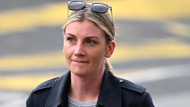 MELBOURNE, AUSTRALIA - MAY 08: Jockey Jamie Kah arrives during a funeral service for jockey Dean Holland at Flemington Racecourse on May 08, 2023 in Melbourne, Australia. Holland, 34, passed away after a race fall at Donald on April 24th.  (Photo by Quinn Rooney/Getty Images)