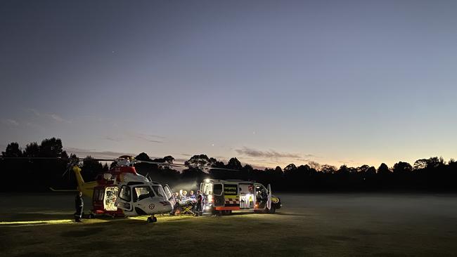 The Westpac Rescue Helicopter takes a man from a serious motorcycle crash at Billy's Creek to Gold Coast University Hospital