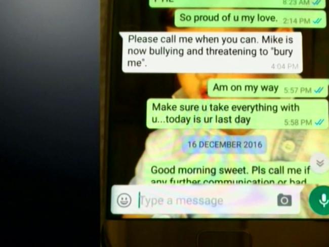 Texts between former ceo, Fiona De Jong and her husband regarding being bullied by Mike Tancred. Supplied ABC News