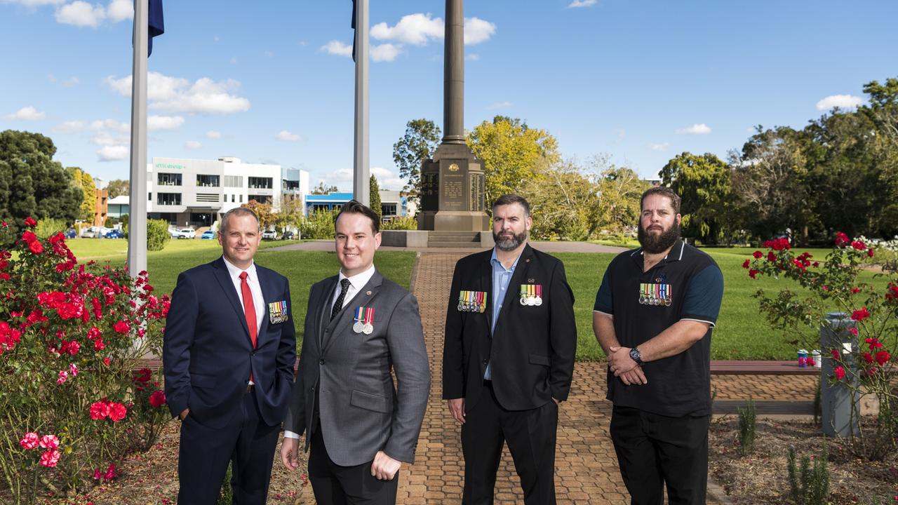 Toowoomba RSL members (from left) vice president Sheldon Rogers, president Scott May, Sven Thompson and Jason Hurst at the Mothers' Memorial ahead of Anzac Day services, Monday, April 19, 2021. Picture: Kevin Farmer