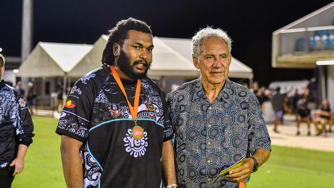 Indigenous All Stars player Ty Nakara awarded the Spirit of the Game award by Charlie King in the 2023 Deadly Cup Carnival. Picture: Pema Tamang Pakhrin