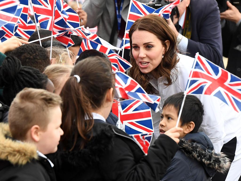 LONDON, ENGLAND - JANUARY 17: Catherine, Duchess of Cambridge is greeted by children as she visits The Wimbledon Junior Tennis Initiative at Bond Primary School on January 17, 2018 in London, England. Picture: Getty