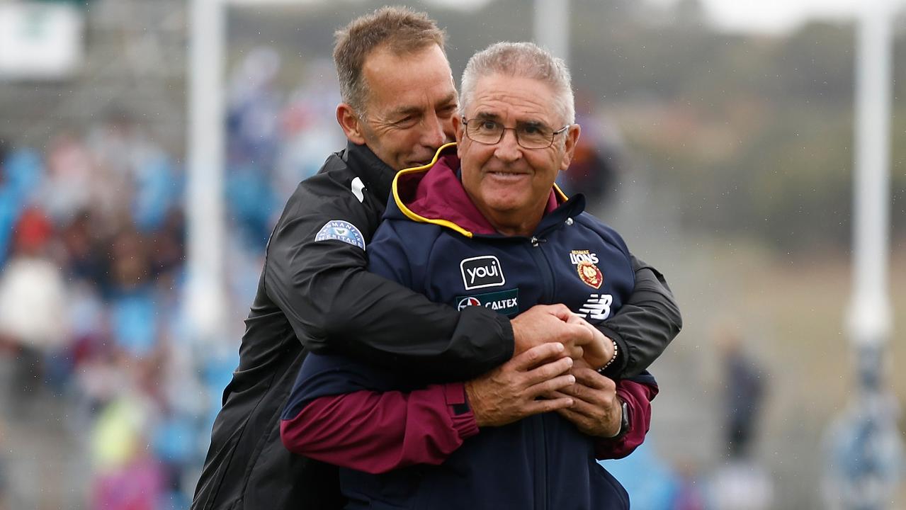 Alastair Clarkson and Chris Fagan embrace before coaching against each other in round 5 at Mount Barker. Picture: Michael Willson / Getty Images