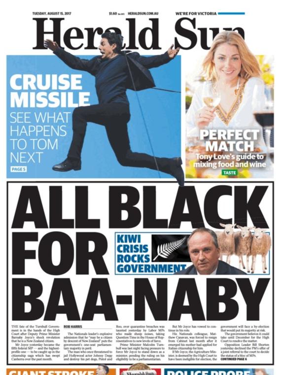 Today’s front page of the Herald Sun runs with a sheep joke about Barnaby Joyce.