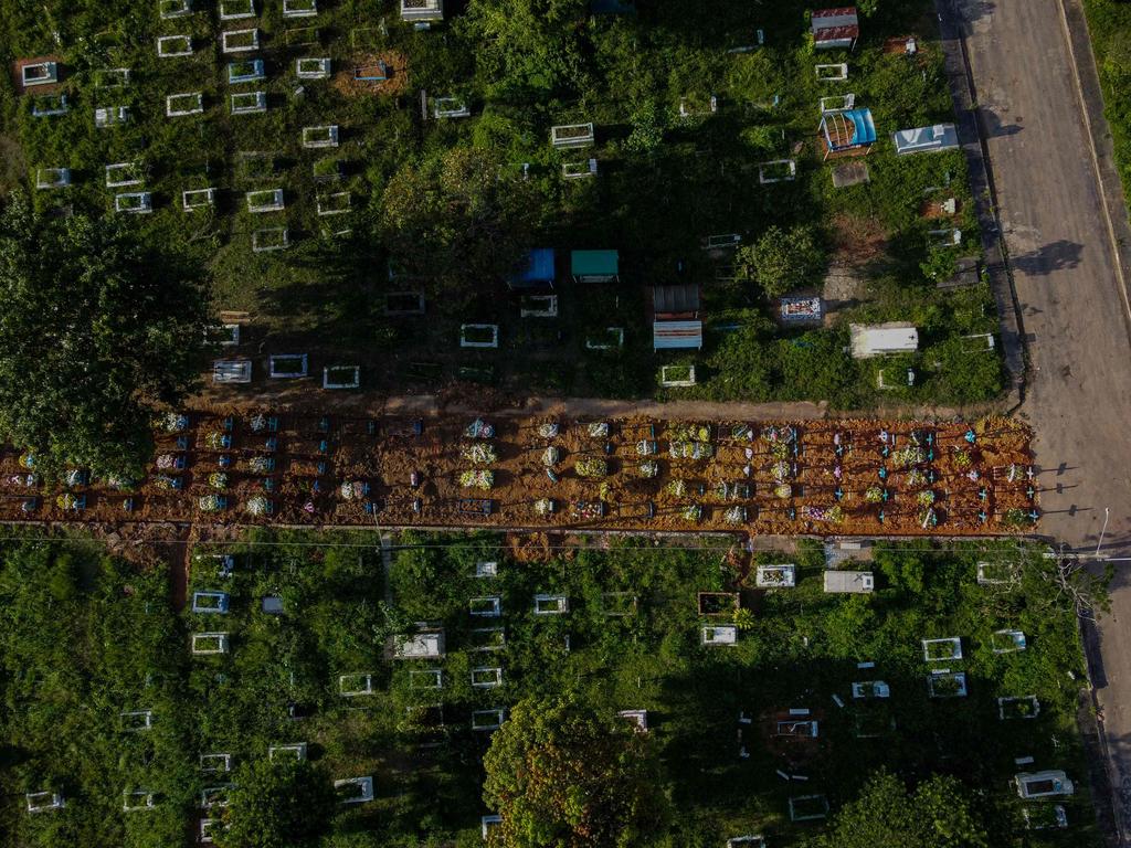 Aerial view of COVID-19 victims’ graves on a street at the Nossa Senhora Aparecida cemetery, in Manaus, Brazil, on April 29, 2021. Picture: Michael Dantas/AFP