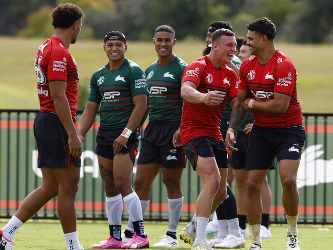 Latrell Mitchell with Jack Wighton, who will play his first game for the club on Friday against the Roosters. Picture: Jonathan Ng