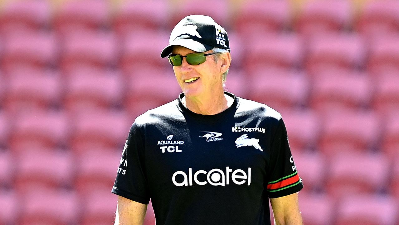 BRISBANE, AUSTRALIA - OCTOBER 02: Coach Wayne Bennett gives a smile as he watches on during a South Sydney Rabbitohs training session ahead of the 2021 NRL Grand Final at Suncorp Stadium on October 02, 2021 in Brisbane, Australia. (Photo by Bradley Kanaris/Getty Images)