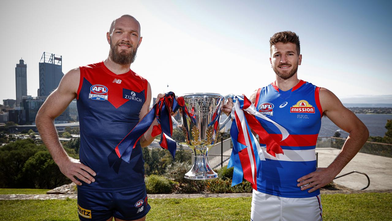 PERTH, AUSTRALIA - SEPTEMBER 24: Max Gawn of the Demons and Marcus Bontempelli of the Bulldogs pose for a photograph during the 2021 Toyota AFL Grand Final Coaches and Captains Pre-Match Press Conference at Kings Park on September 24, 2021 in Perth, Australia. (Photo by Michael Willson/AFL Photos via Getty Images)