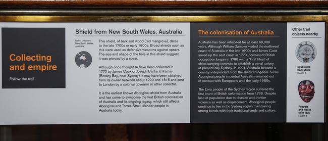 Information underneath a bark shield from NSW displayed at the British Museum in London. Picture: News Corp Australia Network