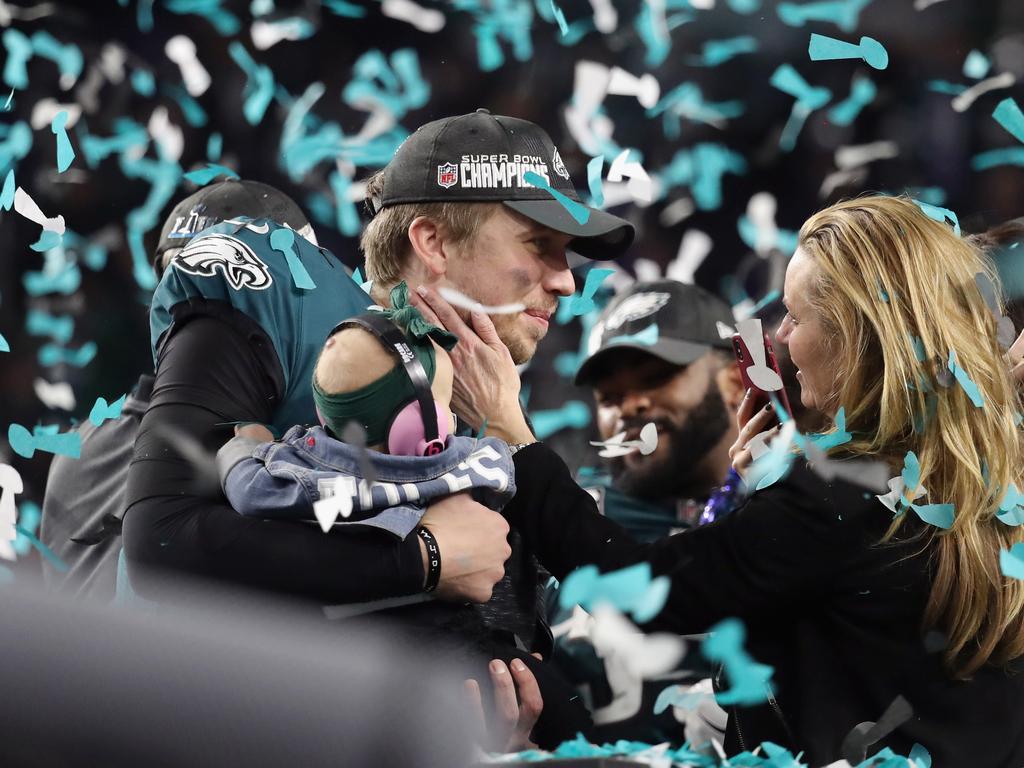Nick Foles with daughter Lily and wife Tori after winning the Super Bowl.