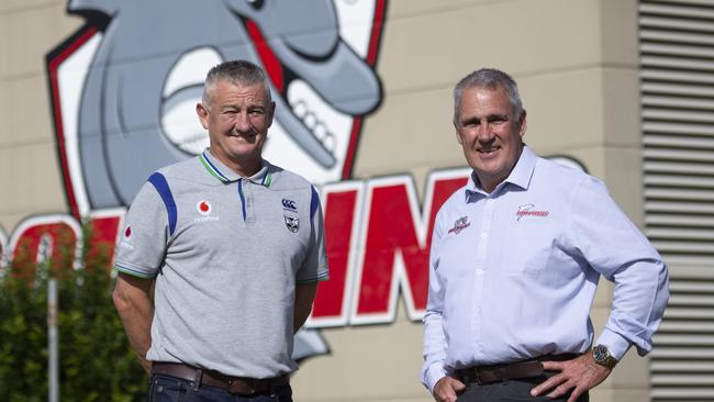 Mark Robinson and Tony Murphy pose for a photograph at the Dolphins Stadium, Redcliffe. AAP/Image Sarah Marshall.