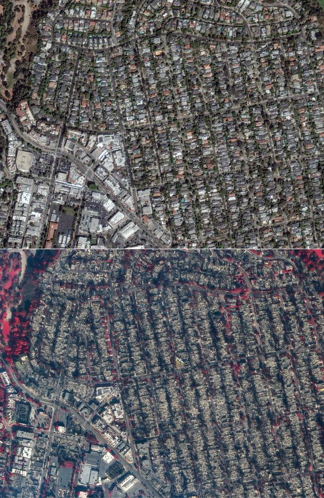 Homes in Pacific Palisades, a neighbourhood of Los Angeles, California on October 20, 2024, before the Palisades fire, (bottom) this handout satellite shortwave infrared (SWIR) picture courtesy of Maxar Technologies shows homes in Pacific Palisades, a neighborhood of Los Angeles, California on January 9, 2025. Picture: Maxar Technologies / AFP