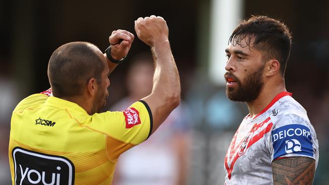 Jordan Pereira of the Dragons is placed on report and sent to the sin-bin after a high tackle on James Tedesco. Picture: Cameron Spencer/Getty Images